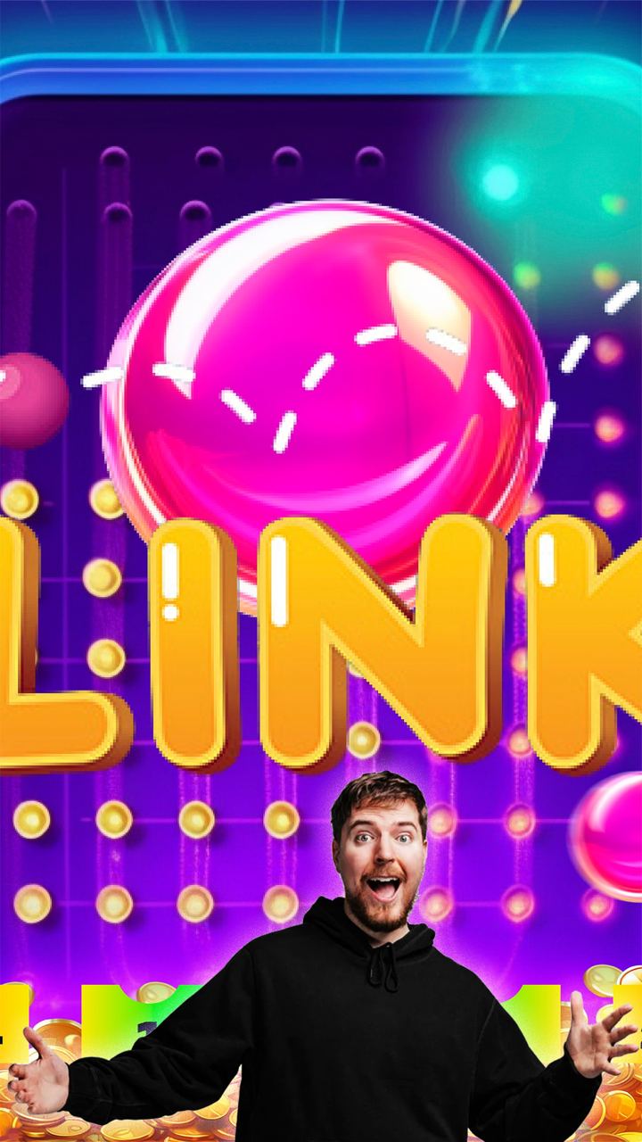 A vibrant Plinko game screen featuring a large pink ball, golden pegs, and the word 'LINK' in bold yellow letters with a player gesturing enthusiastically in the foreground.